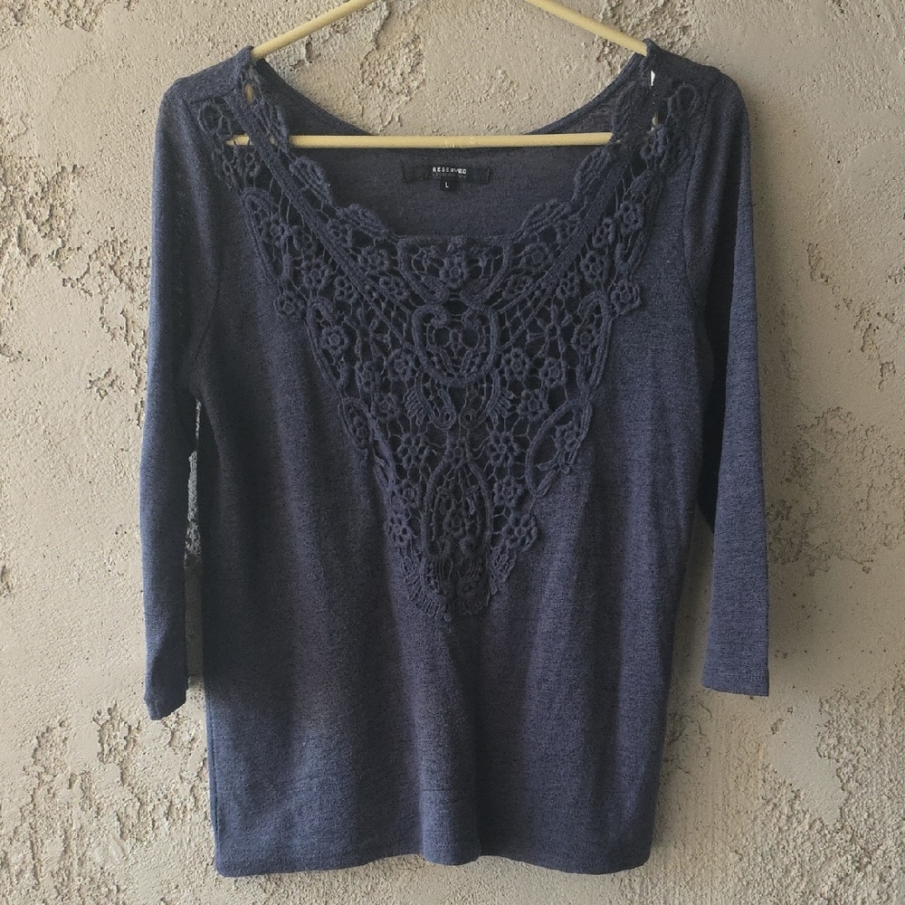 Reserved Navy Blue Lace Detail Knit Blouse